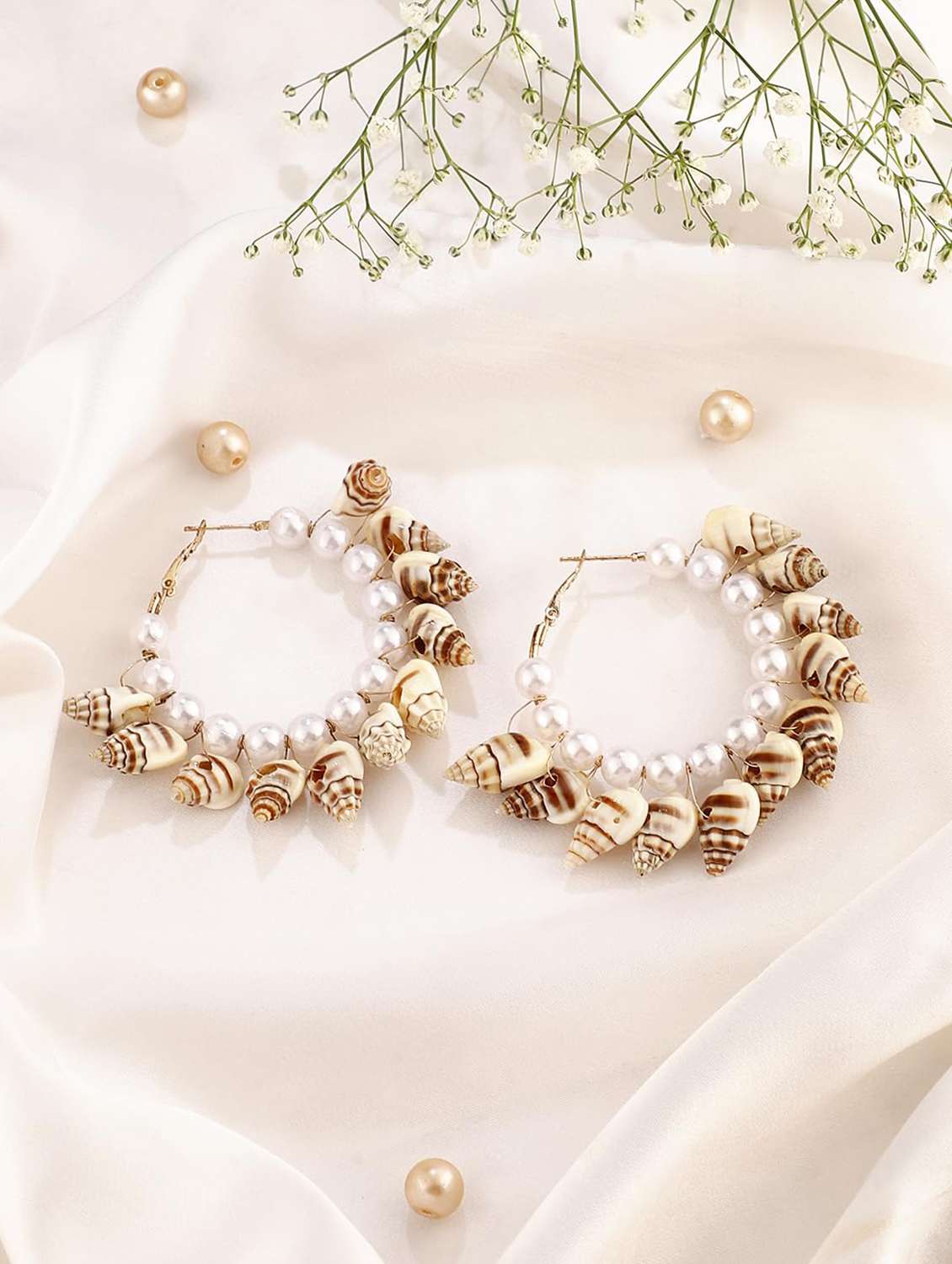 shell & pearl beaded hoop earring