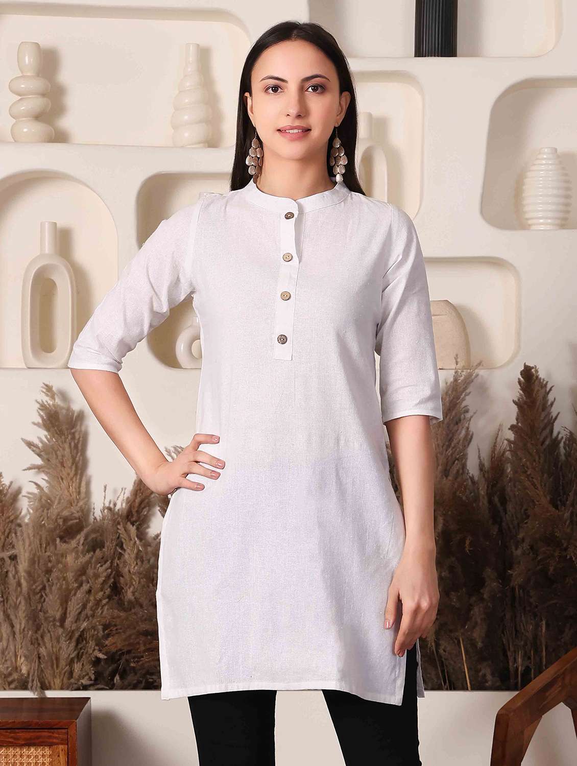 women solid with work three quarter sleeve straight kurti