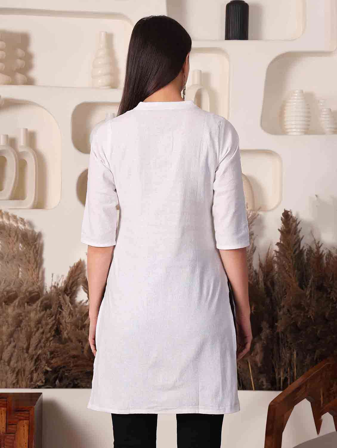 Women Solid With Work Three Quarter Sleeve Straight Kurti - 22498122 -  Standard Image - 3