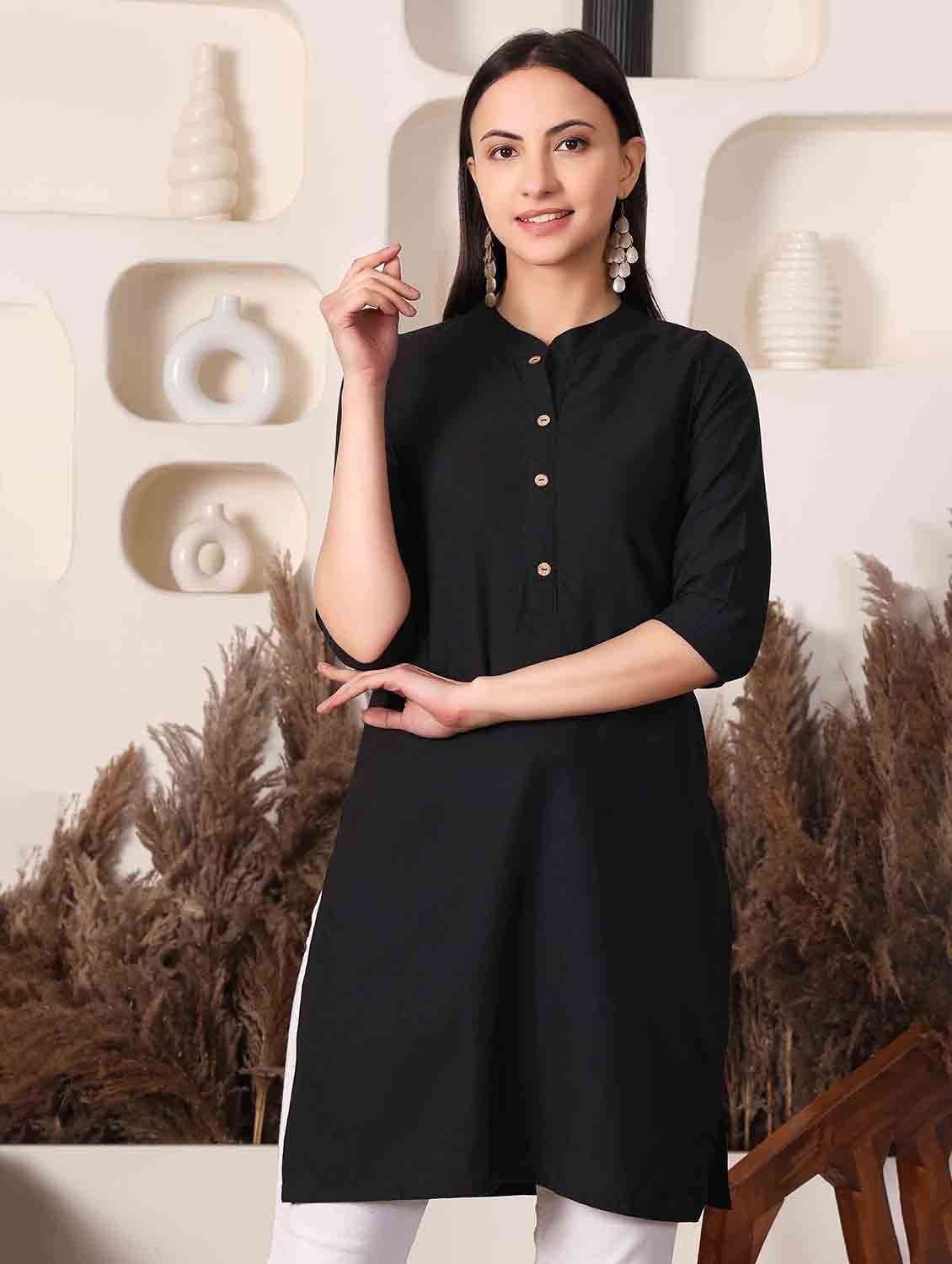 women solid with work three quarter sleeve straight kurti