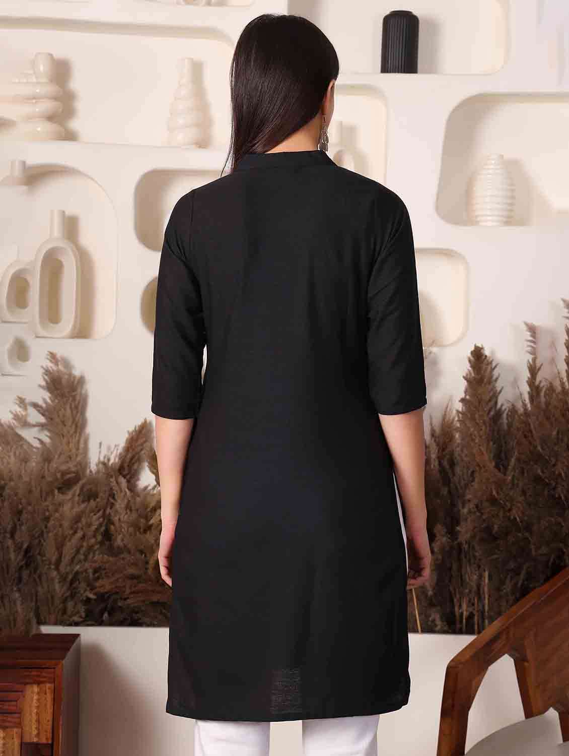 Women Solid With Work Three Quarter Sleeve Straight Kurti - 22498123 -  Standard Image - 3