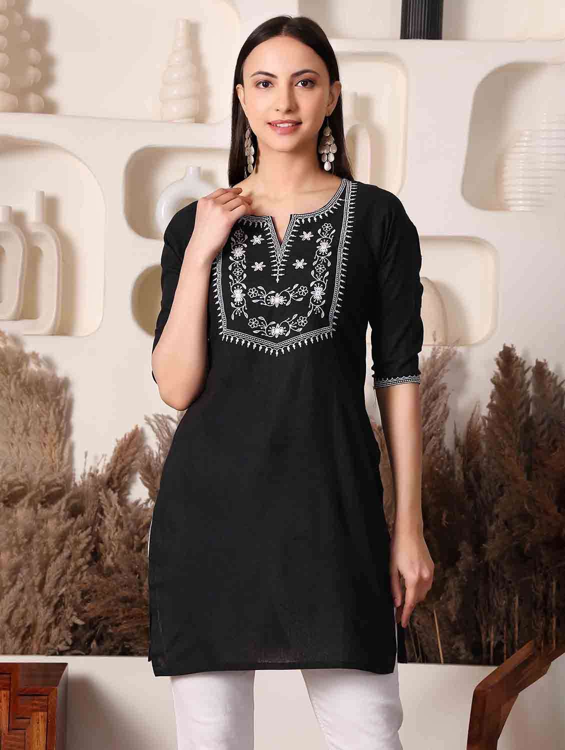 women embroidered three quarter sleeve straight kurti