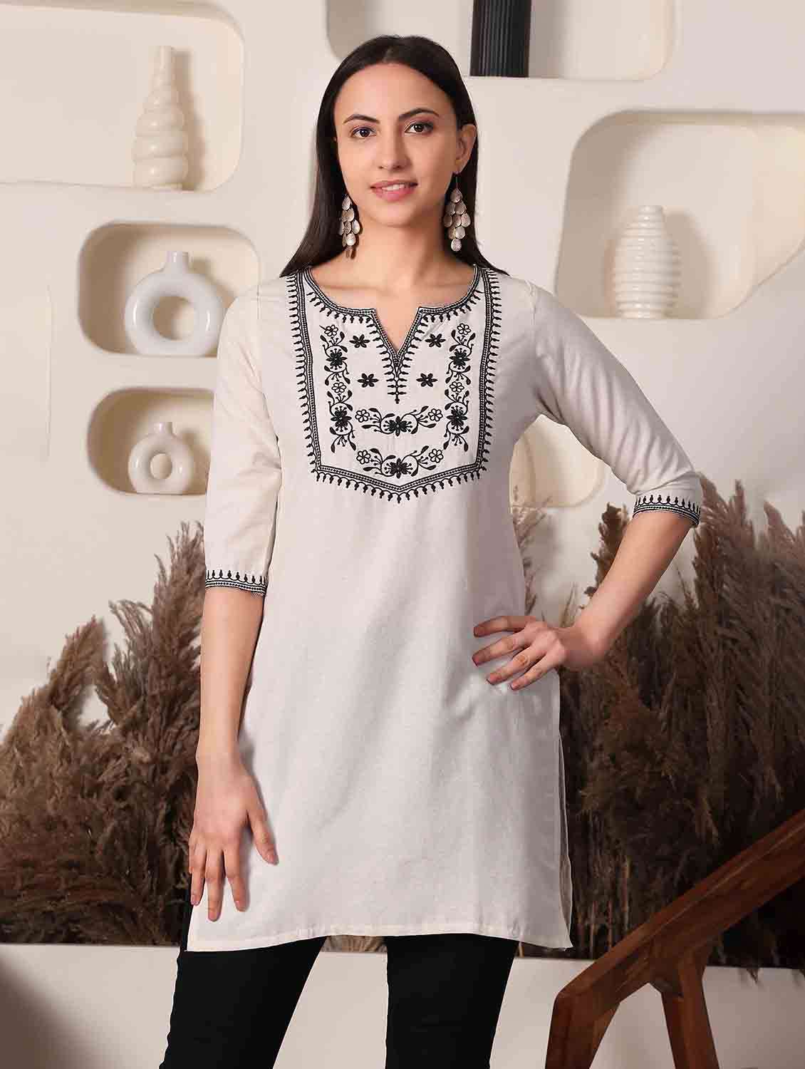 women embroidered three quarter sleeve straight kurti