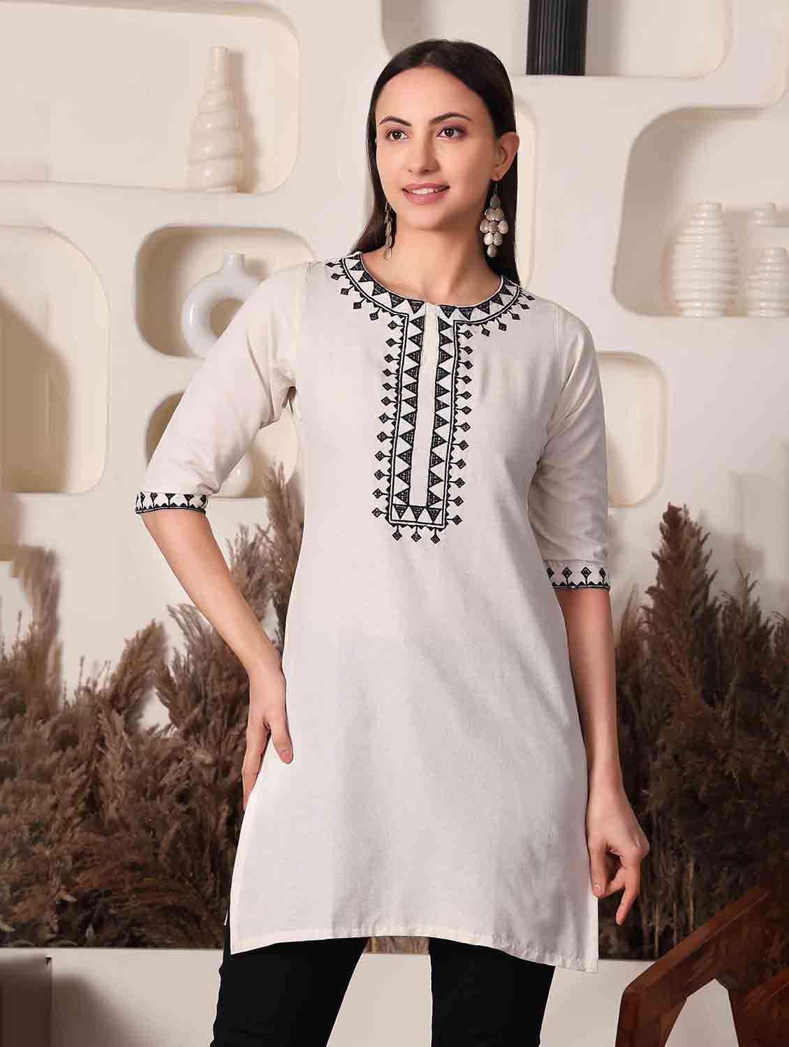 women embroidered three quarter sleeve straight kurti