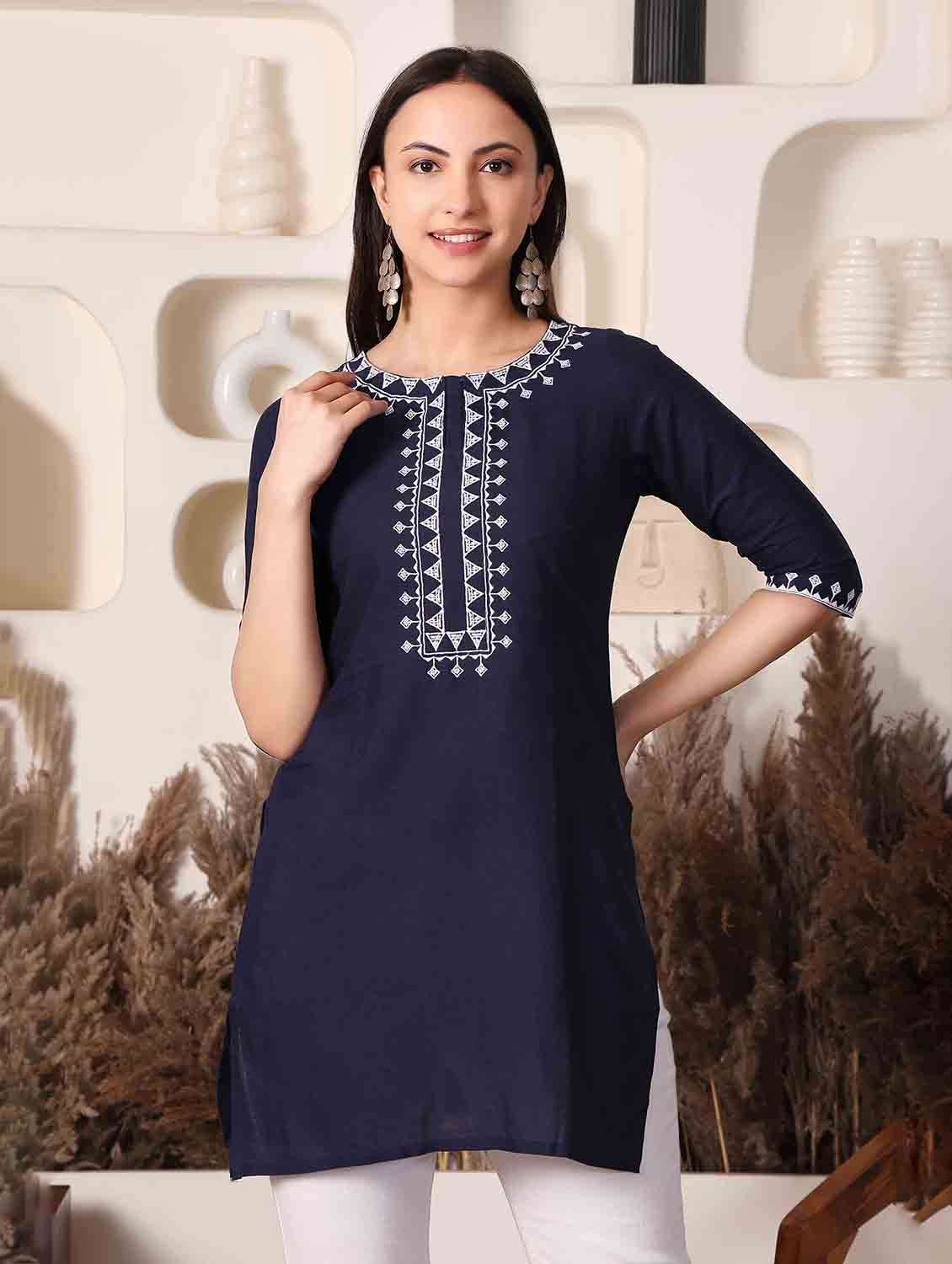 women embroidered three quarter sleeve straight kurti