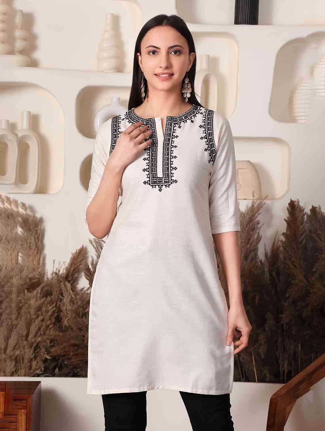 women embroidered three quarter sleeve straight kurti