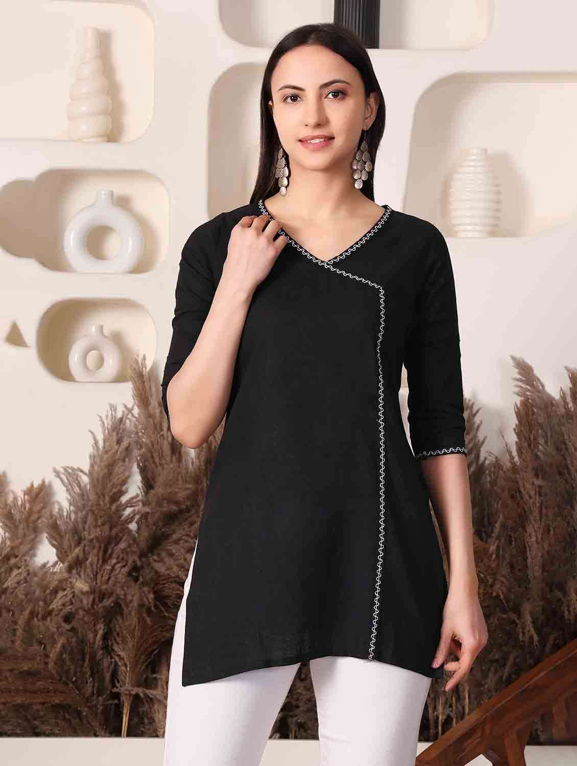 women solid three quarter sleeve angrakha kurti