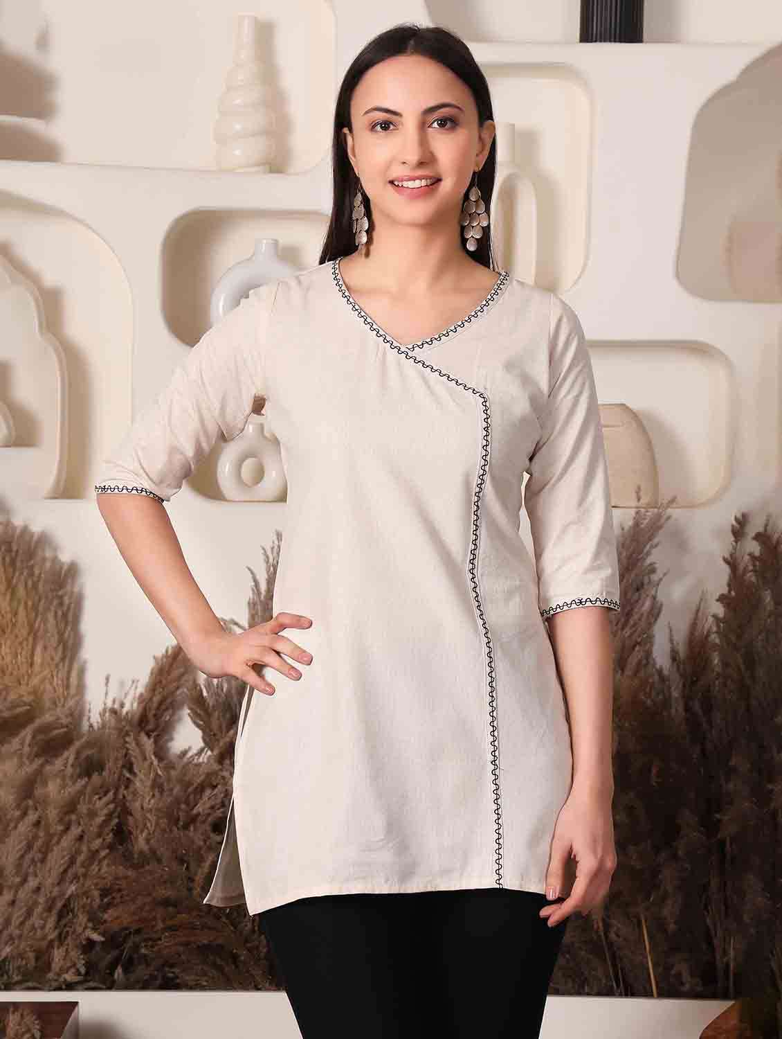 women solid three quarter sleeve angrakha kurti