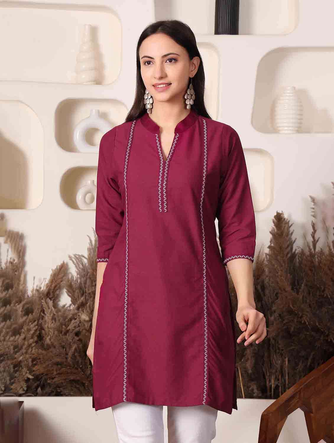 women solid three quarter sleeve straight kurti