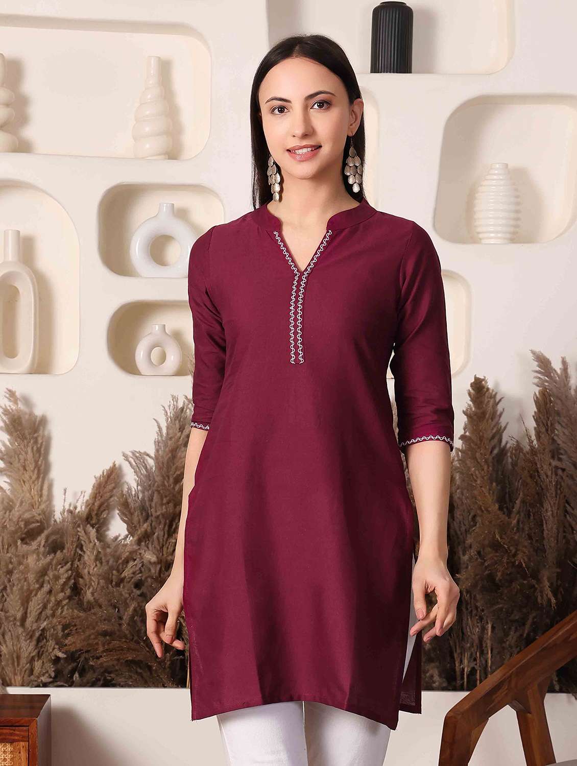 women solid three quarter sleeve straight kurti