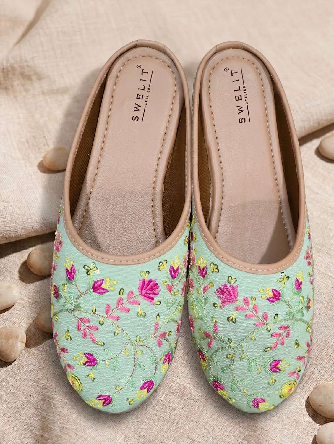 women embroidered slip on mules