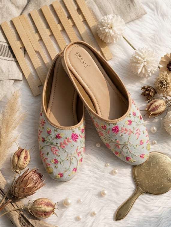 women embroidered slip on mules