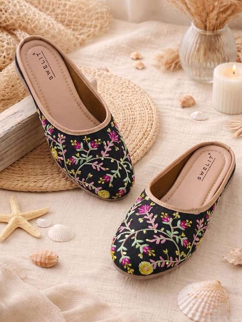 women embroidered slip on mules