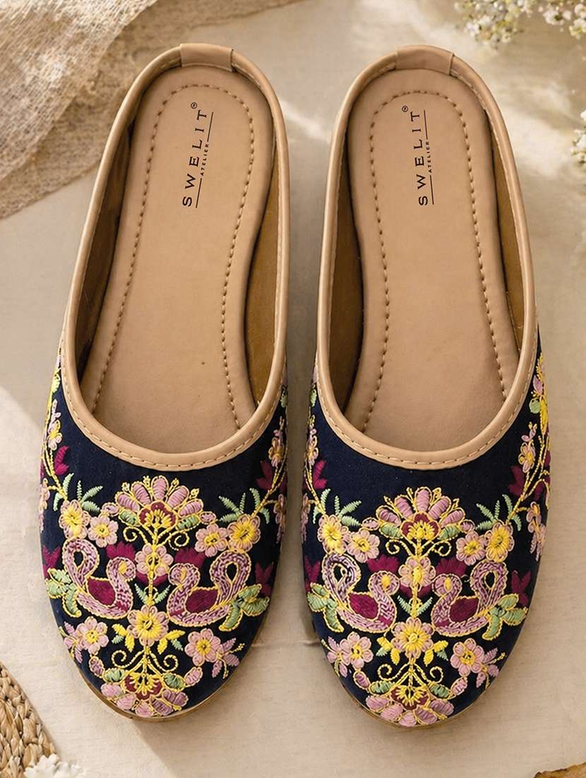 women embroidered slip on mules