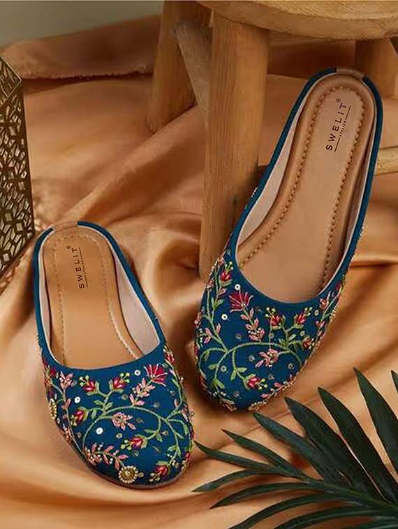 women embroidered slip on mules