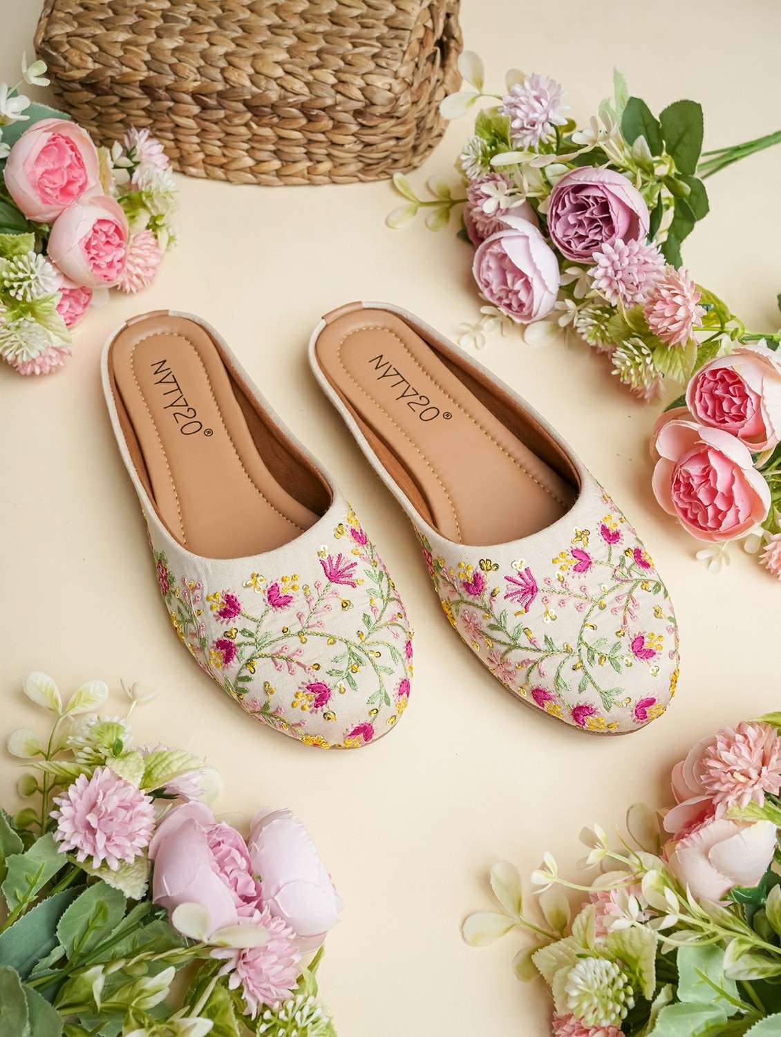 women embroidered slip on mules