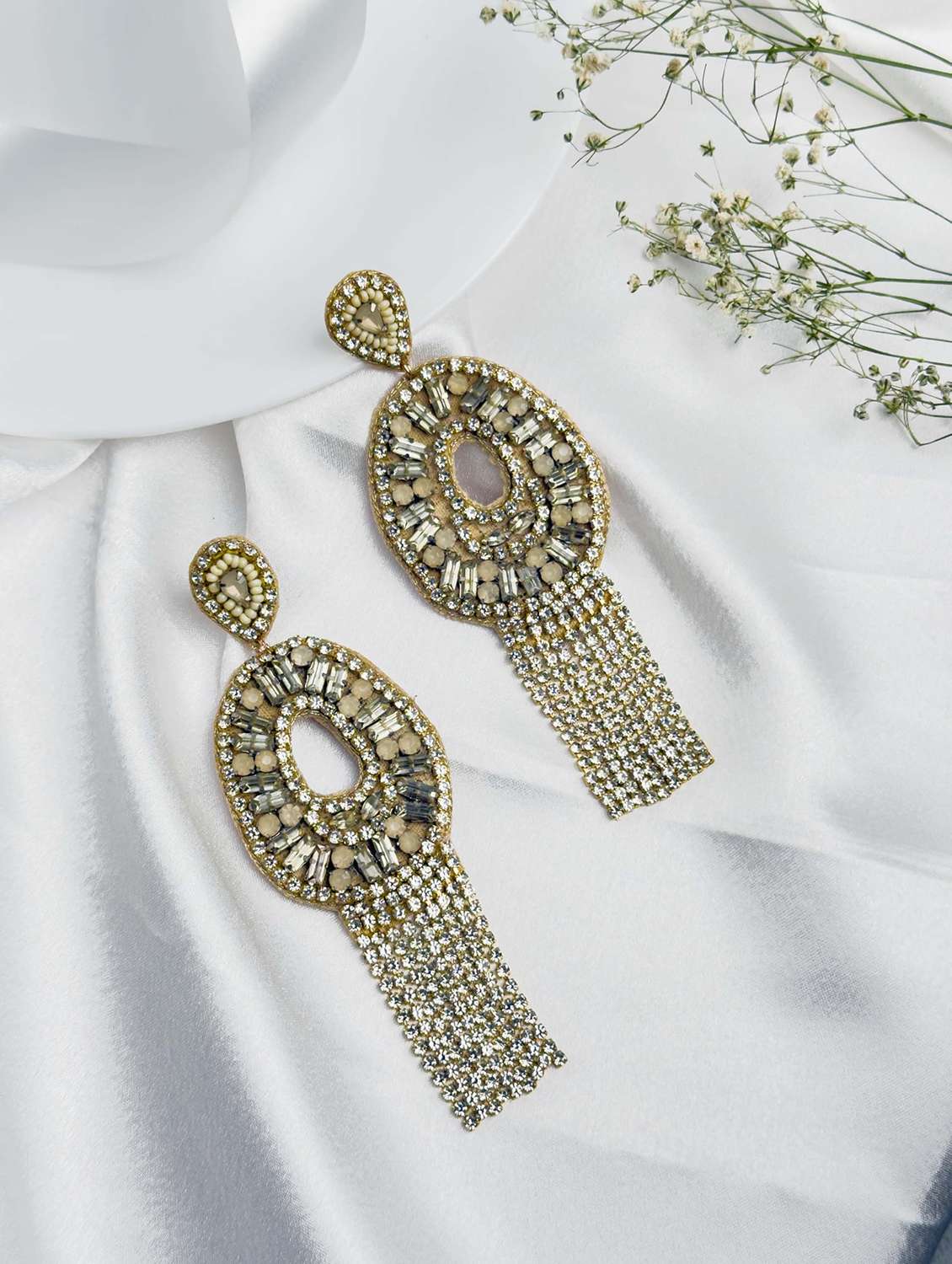 oval drop dangle earrings with crystal detailing and fringe design