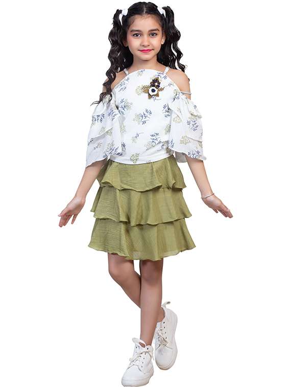 girls printed cold shoulder top and skirt set