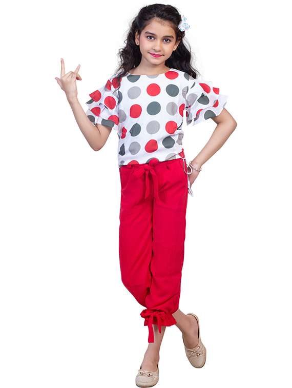 girls polka dots round neck top and capri set