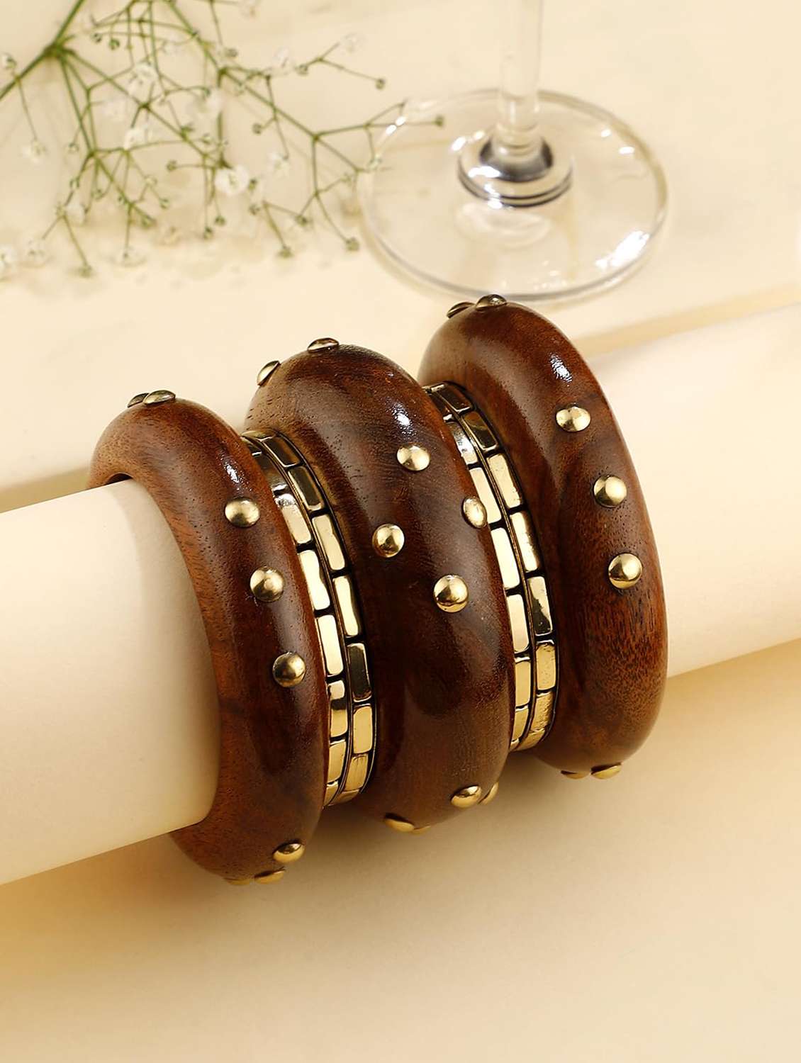 handcrafted brown wood bangles with metal detailing (set of 7)