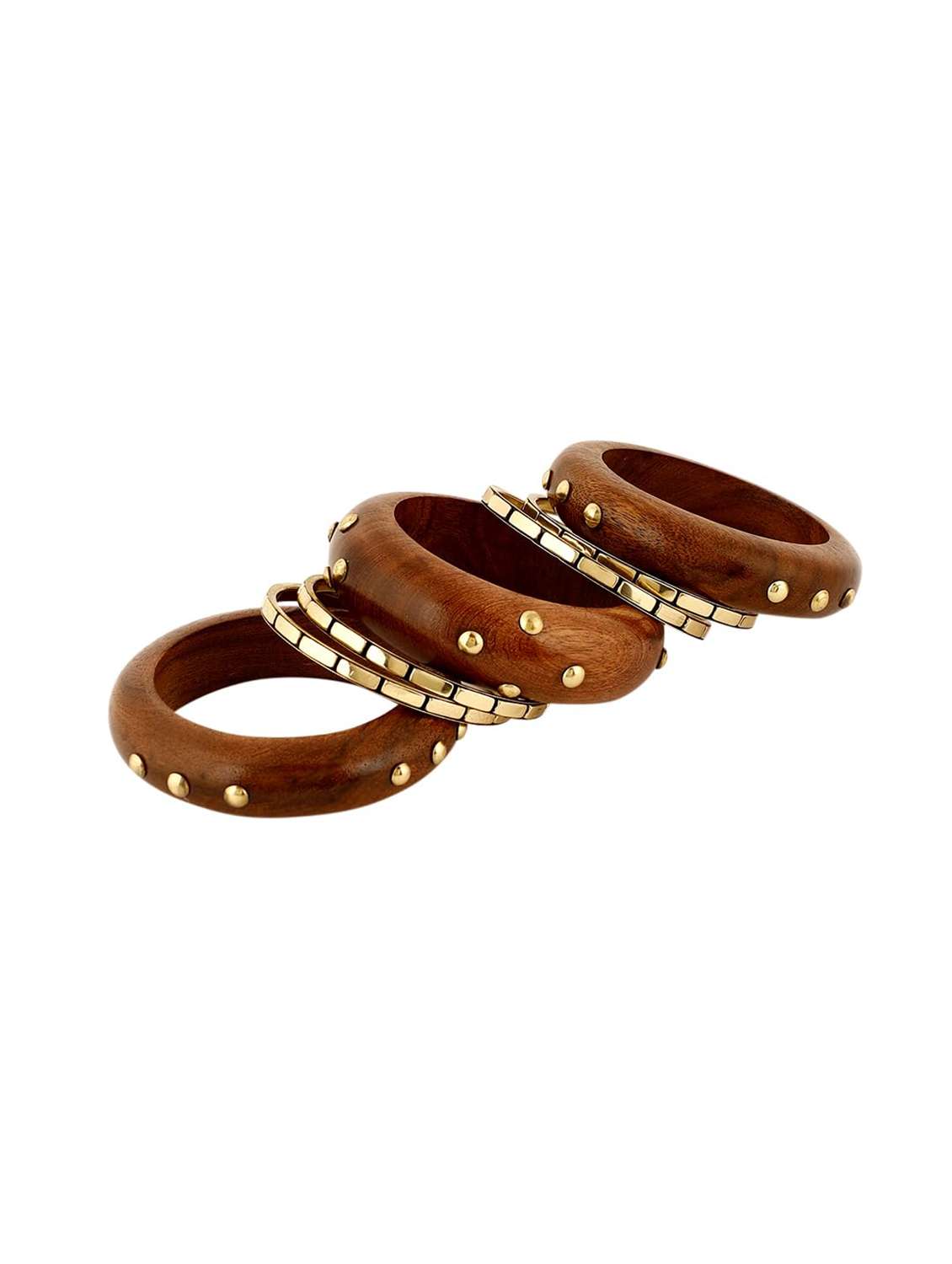 handcrafted brown wood bangles with metal detailing (set of 7) - 22498198 -  Standard Image - 3