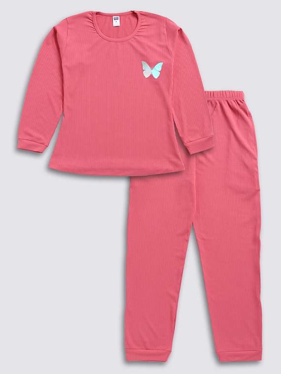 girls solid round neck full length set