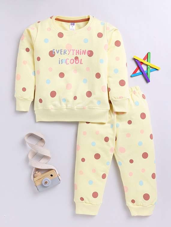 girls polka dots round neck full length set