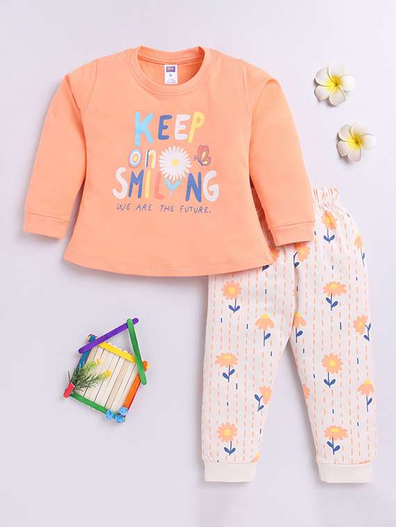 girls printed round neck full length set