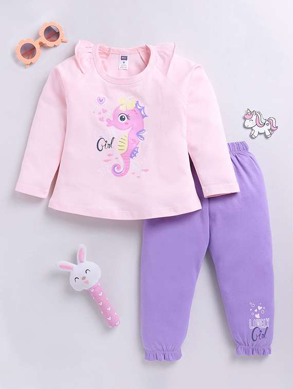 girls printed round neck full length set