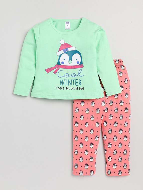 girls printed round neck full length set