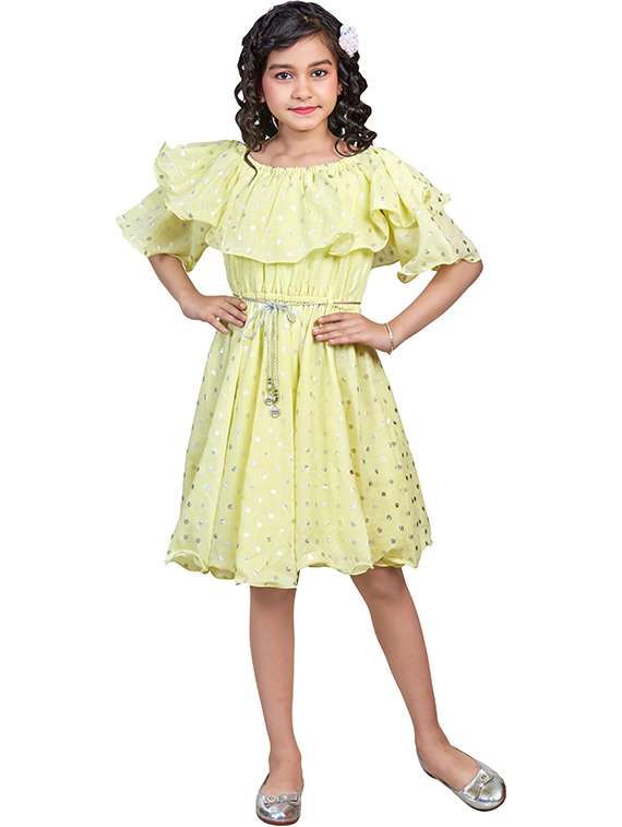 girls foil printed round neck fit and flare dress