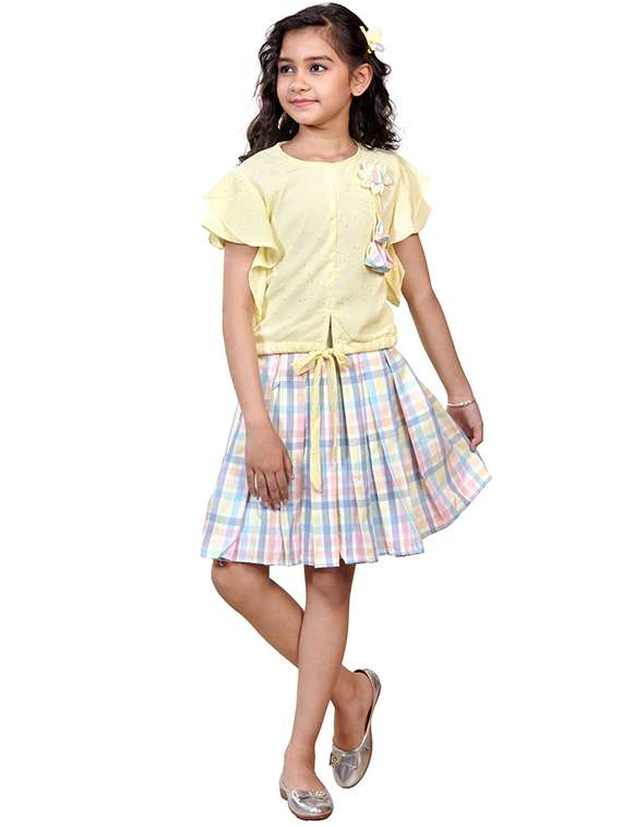 girls printed round neck top and skirt set