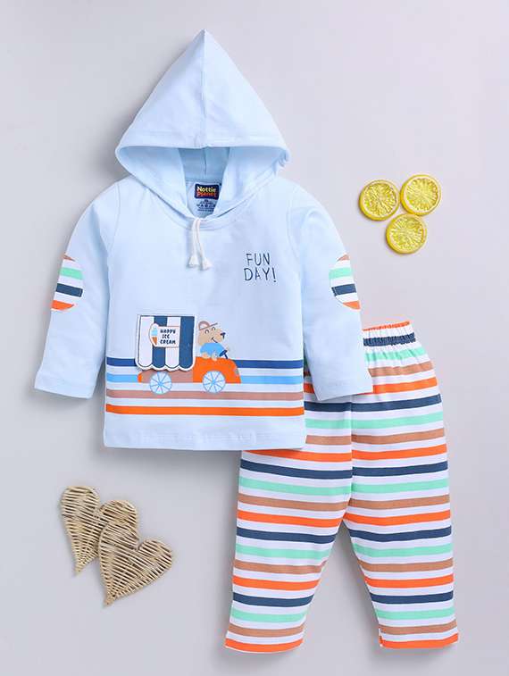 boys blue cotton printed t-shirt and dungree set