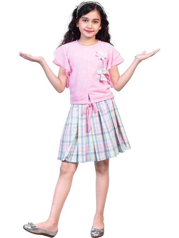 girls printed round neck top and skirt set