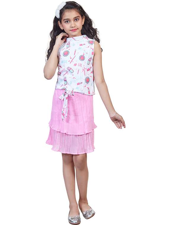 girls printed sleeveless top and skirt set