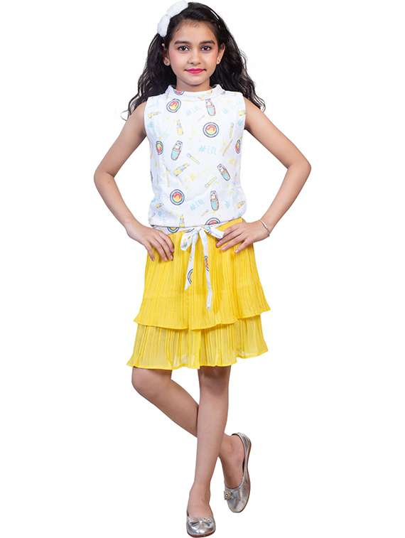 girls printed sleeveless top and skirt set