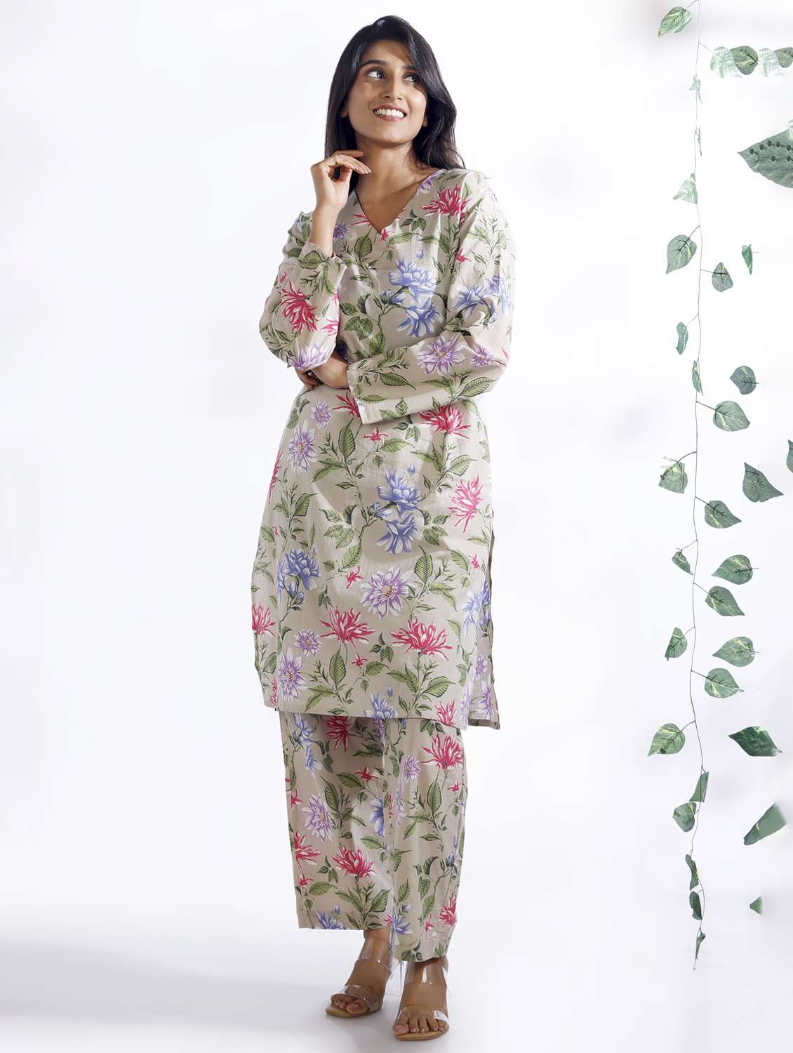 women printed long sleeve nightwear set