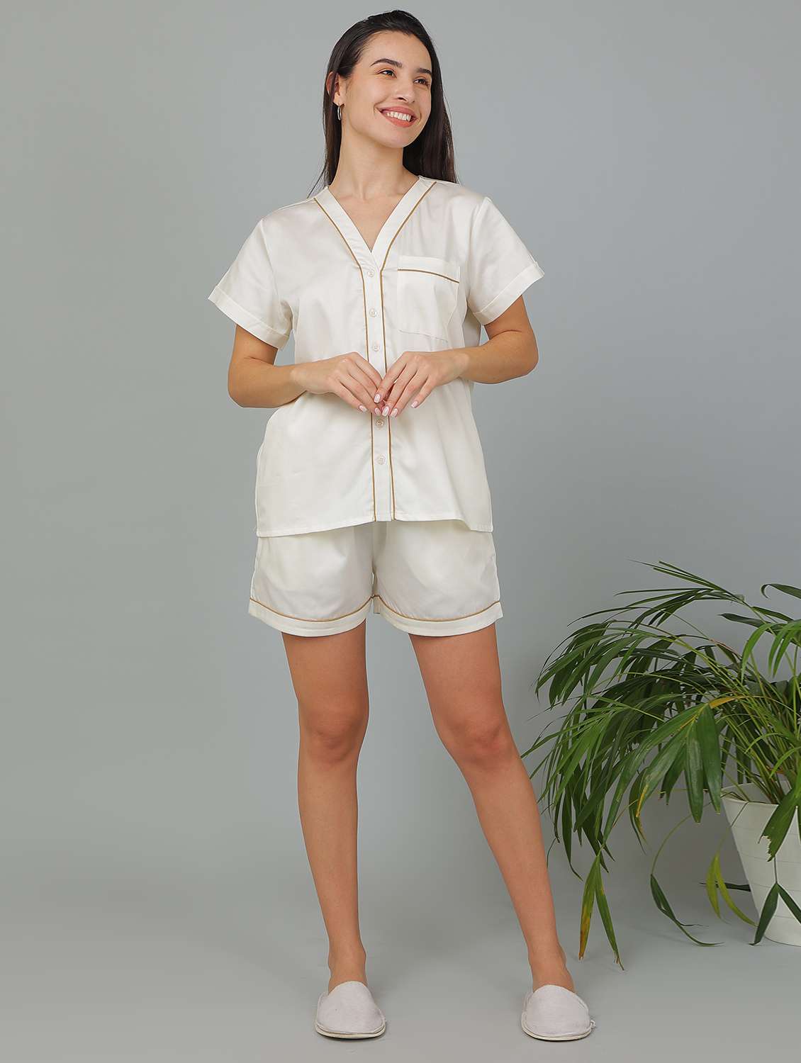 women solid short sleeve nightwear set