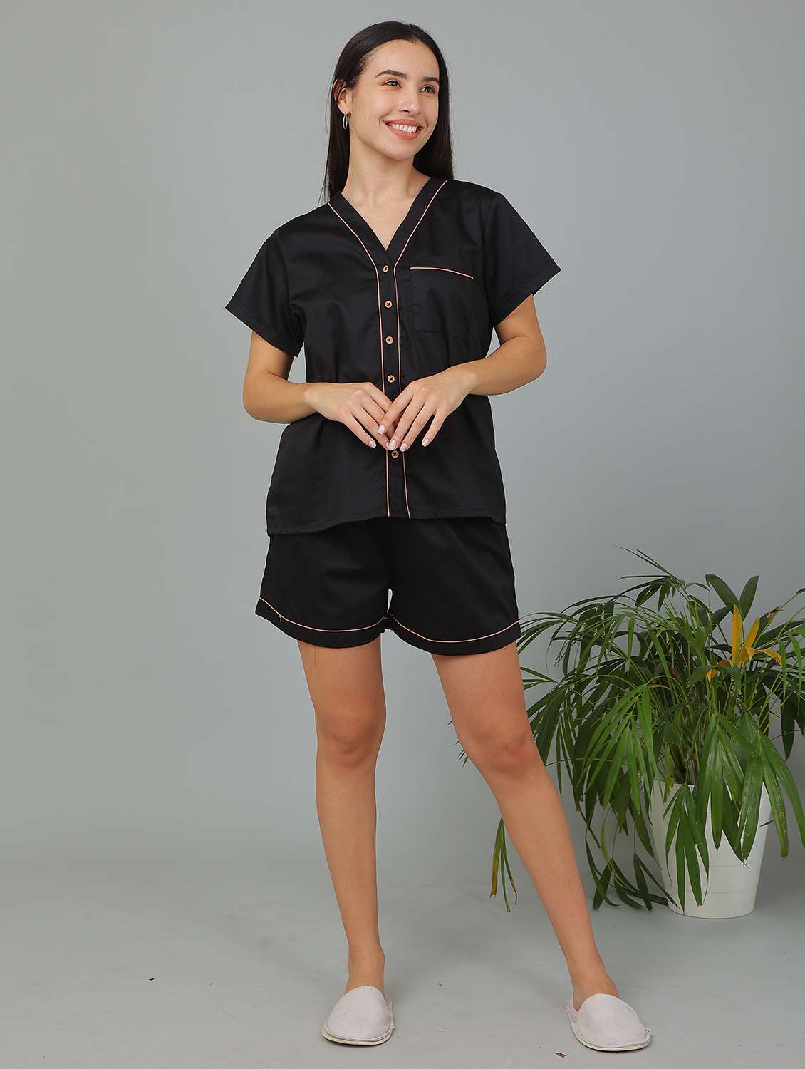 women solid short sleeve nightwear set