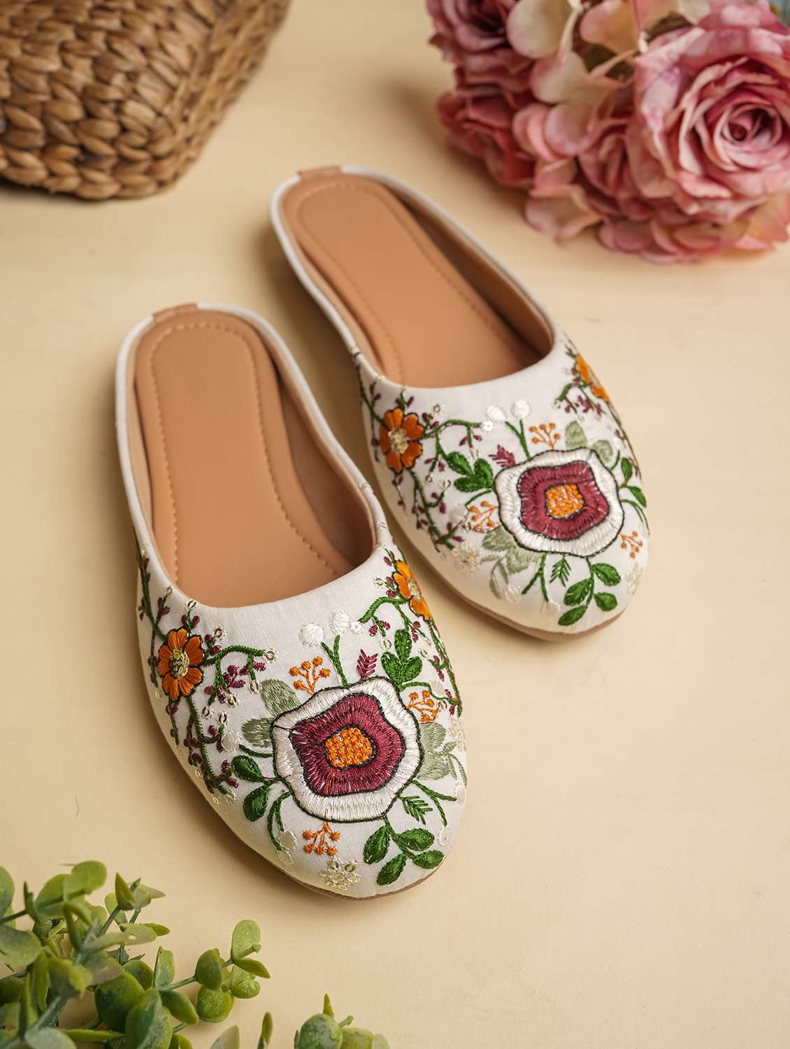 women embroidered slip on mules