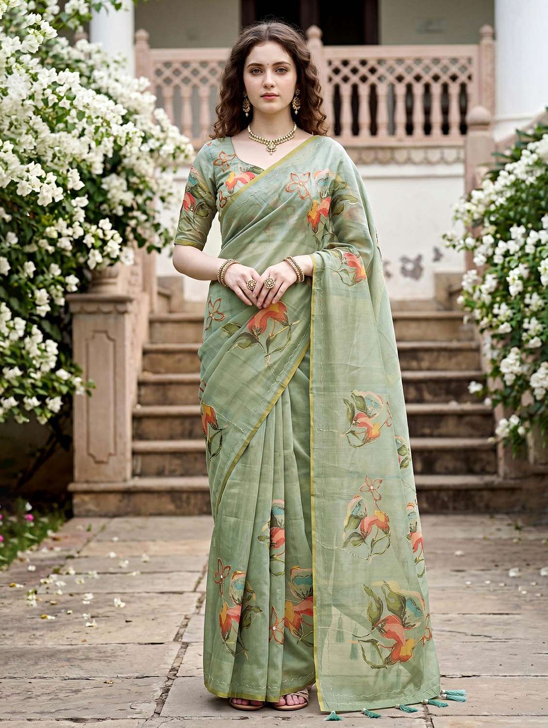 women floral printed saree with blouse