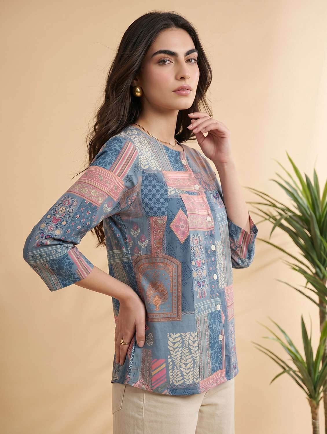 women printed three quarter sleeve ethnic top - 22498670 -  Standard Image - 3