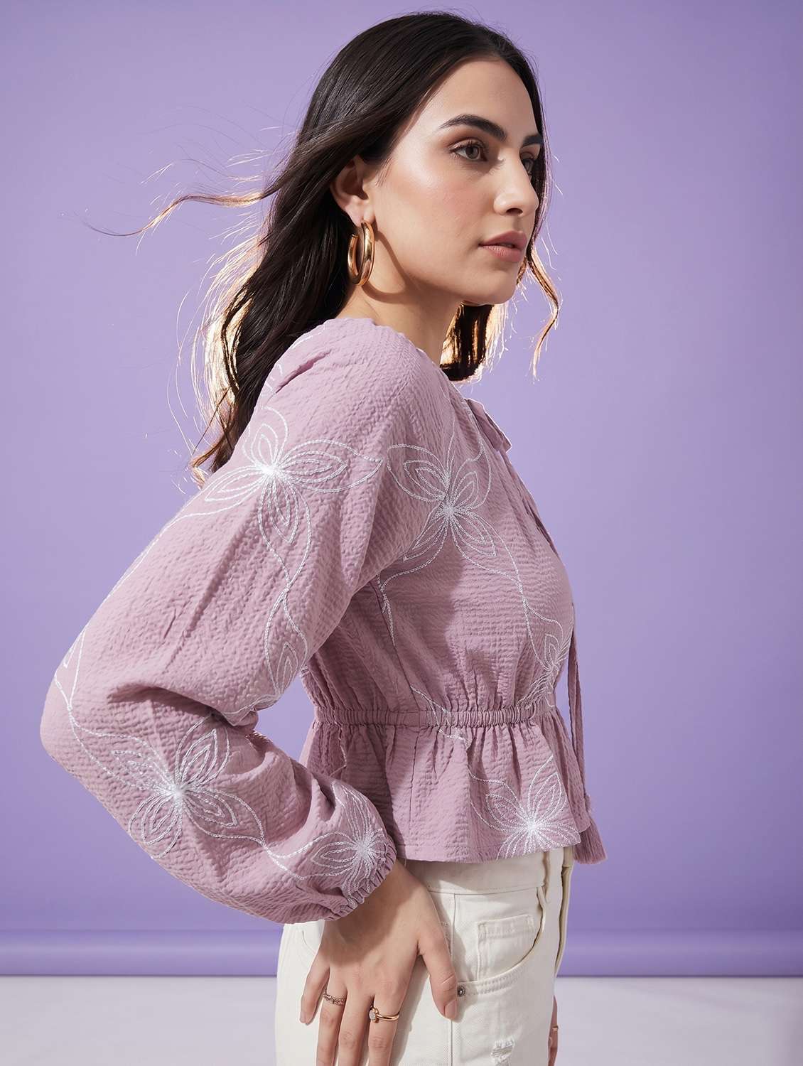 women embroidered long sleeves peplum top - 22498677 -  Standard Image - 3