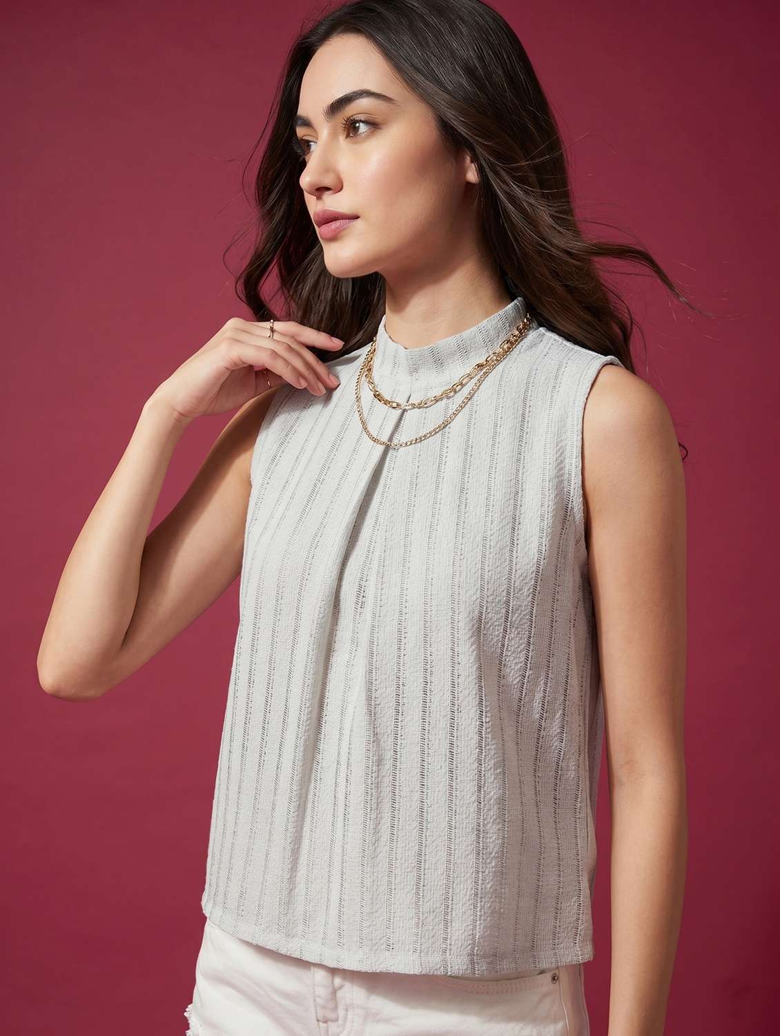 women self design sleeveless mock neck top - 22498686 -  Standard Image - 3