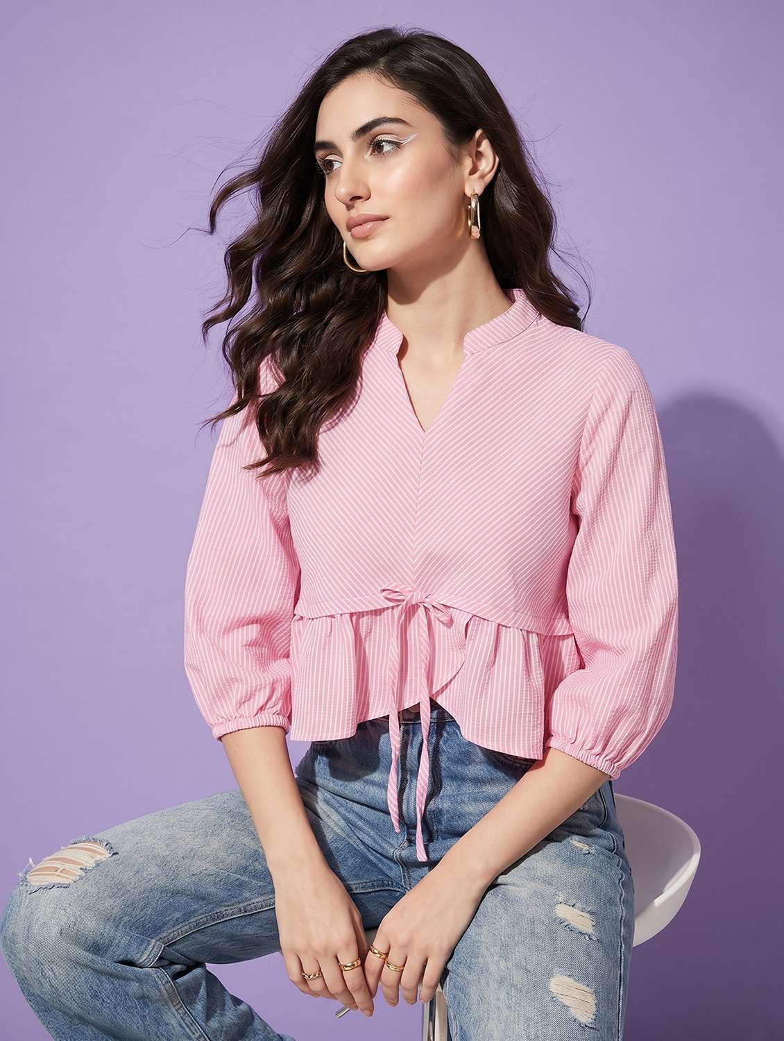 women striped printed mandarin collared crop top