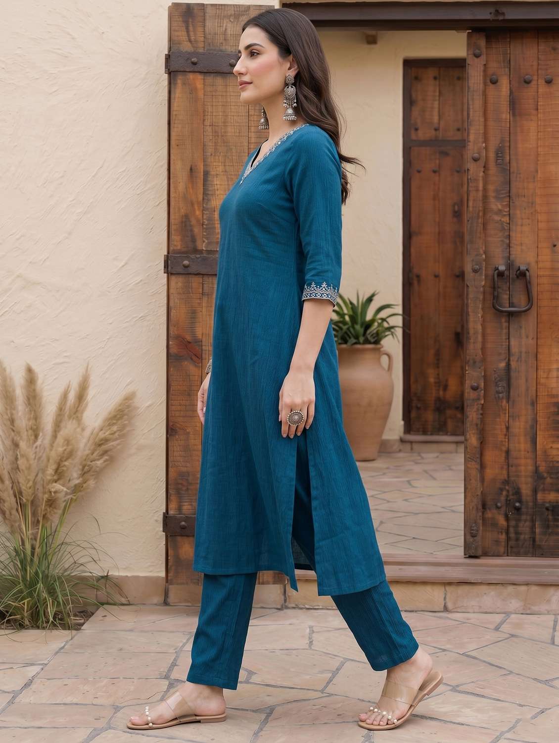 women solid three quarter sleeve kurta pant set - 22498720 -  Standard Image - 3