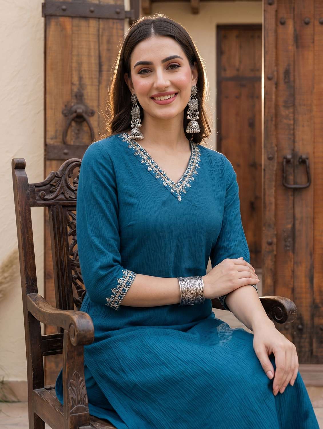 women solid three quarter sleeve kurta pant set - 22498720 -  Standard Image - 5
