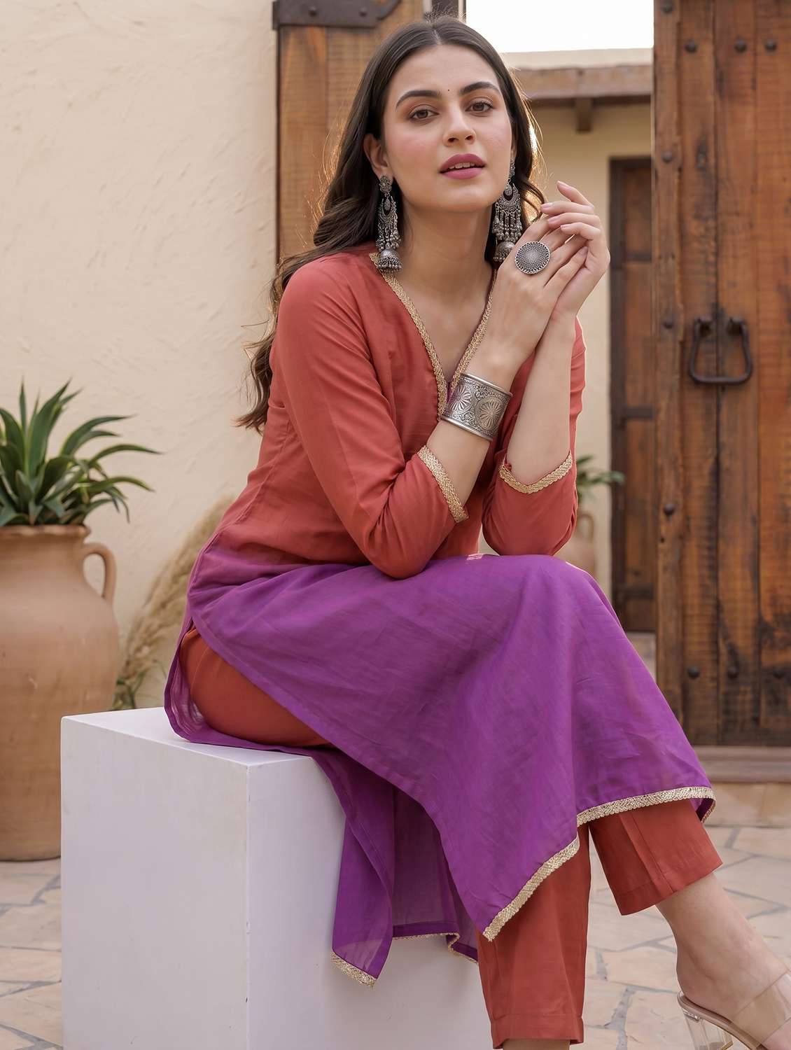 women ombre three quarter sleeve kurta pant set