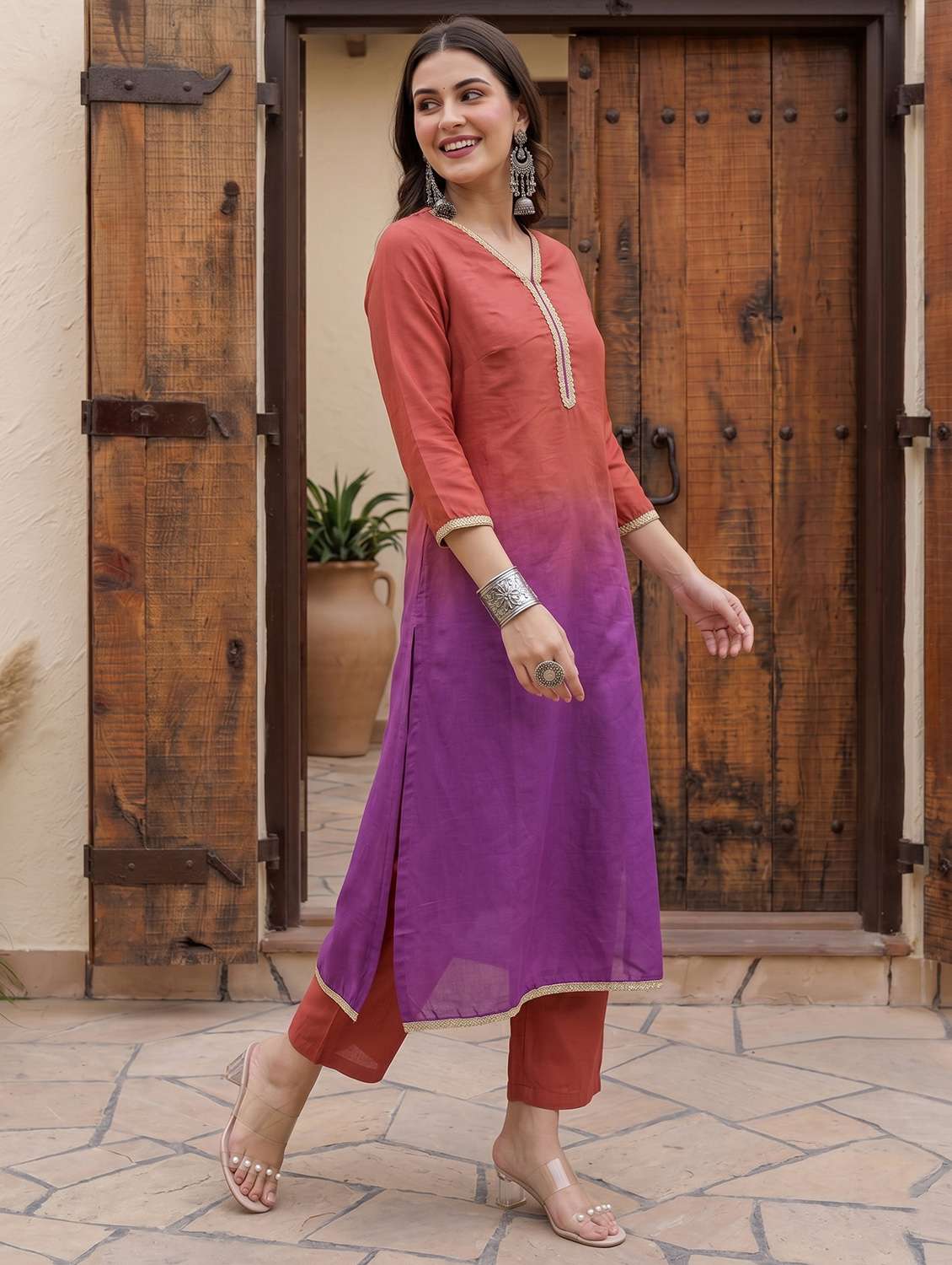 women ombre three quarter sleeve kurta pant set - 22498721 -  Standard Image - 3