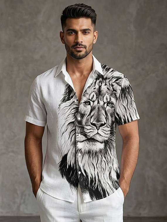 men printed short sleeve regular fit casual shirt